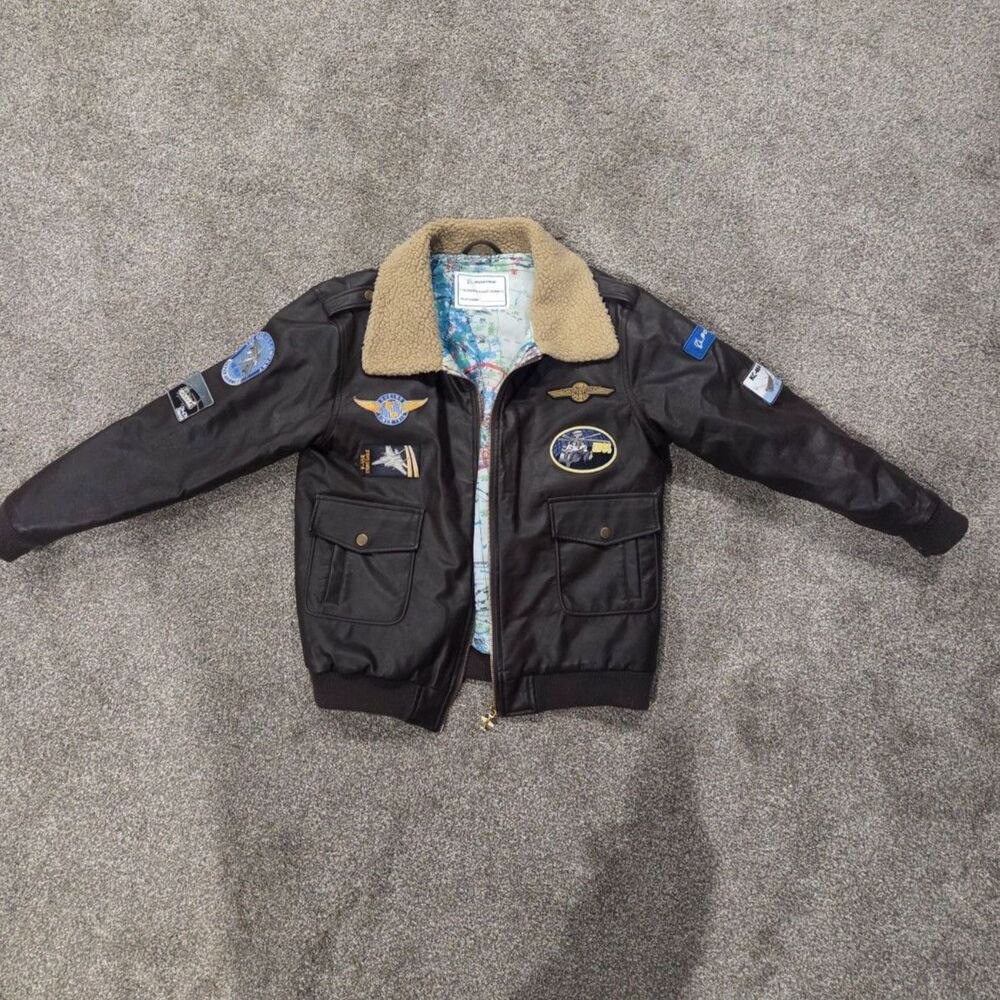 Boeing Authentic Flight Jacket F-15 F/A-18 Patches Map Lining Youth XL Brown